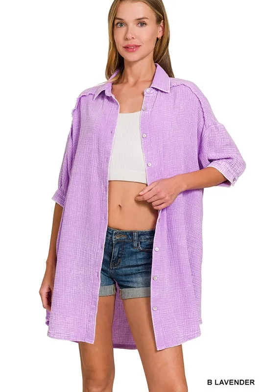 Washed Double Gauze Button Down Shirt Dress, image 3