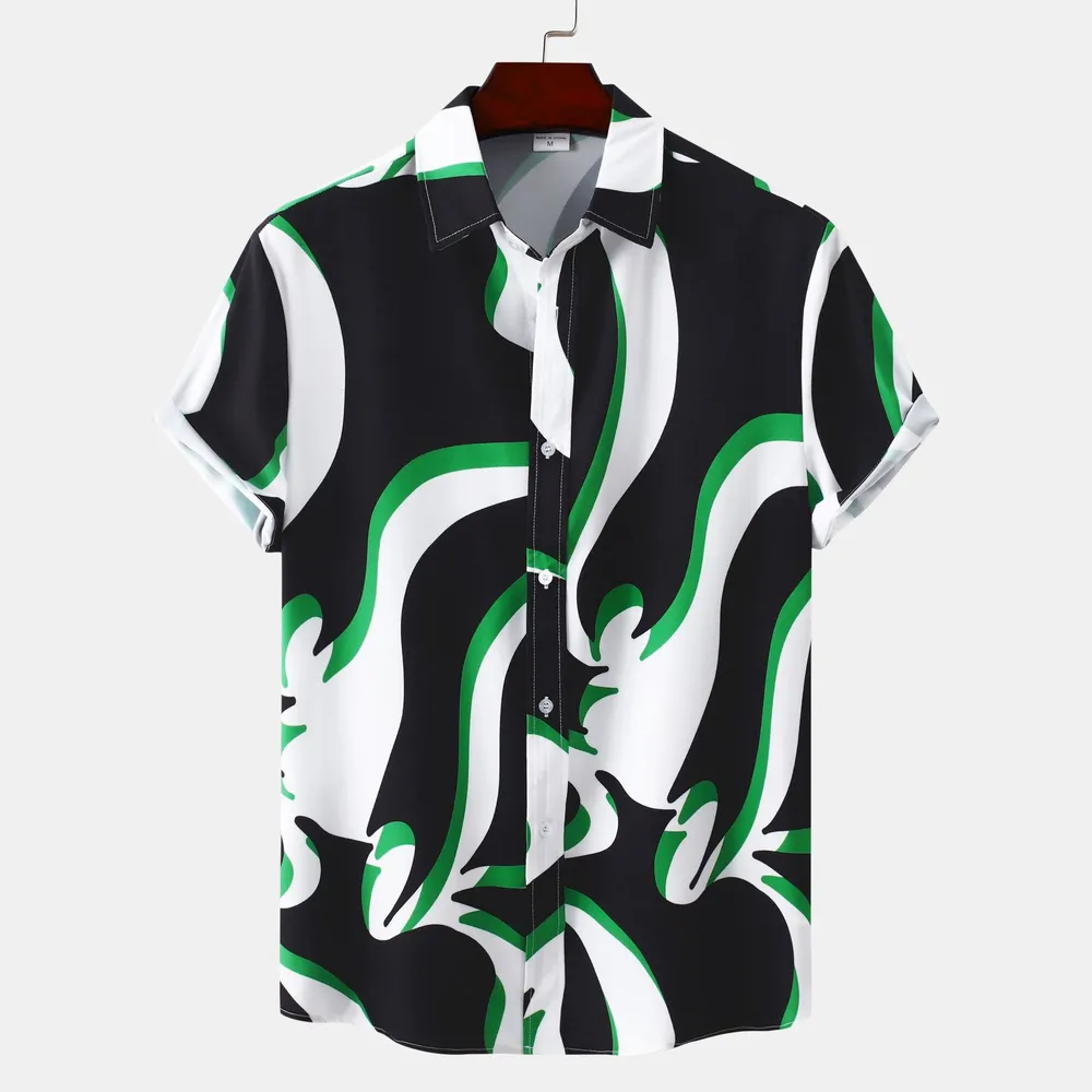 Men's Plus Size Abstract Wave Pattern Short Sleeve Button-Up Shirt
