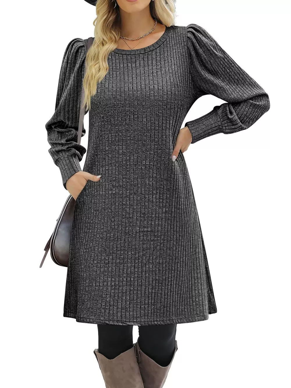 Puff Sleeve Ribbed Knit Dress with Pockets, image 3