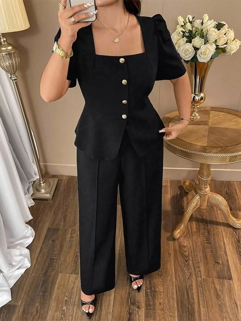 Plus Size Peplum Top and Wide-Leg Pants Two-Piece Set
