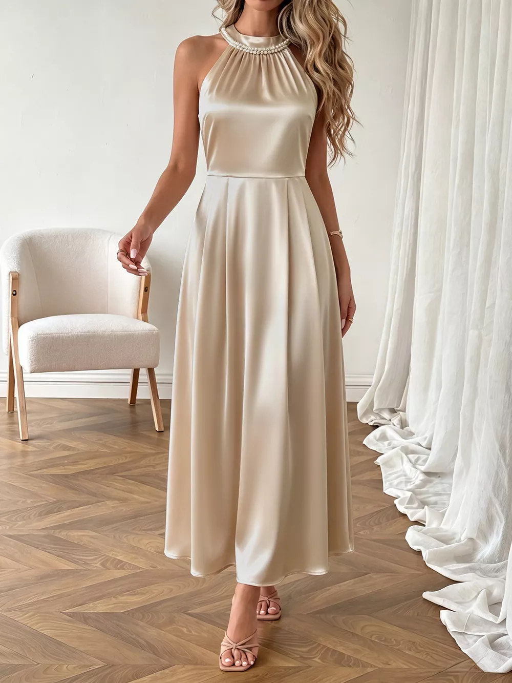 Pearl Halter Satin Midi Dress, image 5