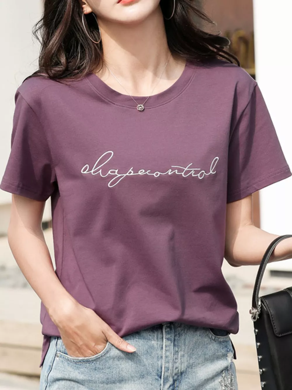 Full Size Letter Embroidered Round Neck T-Shirt Plus Size, image 7