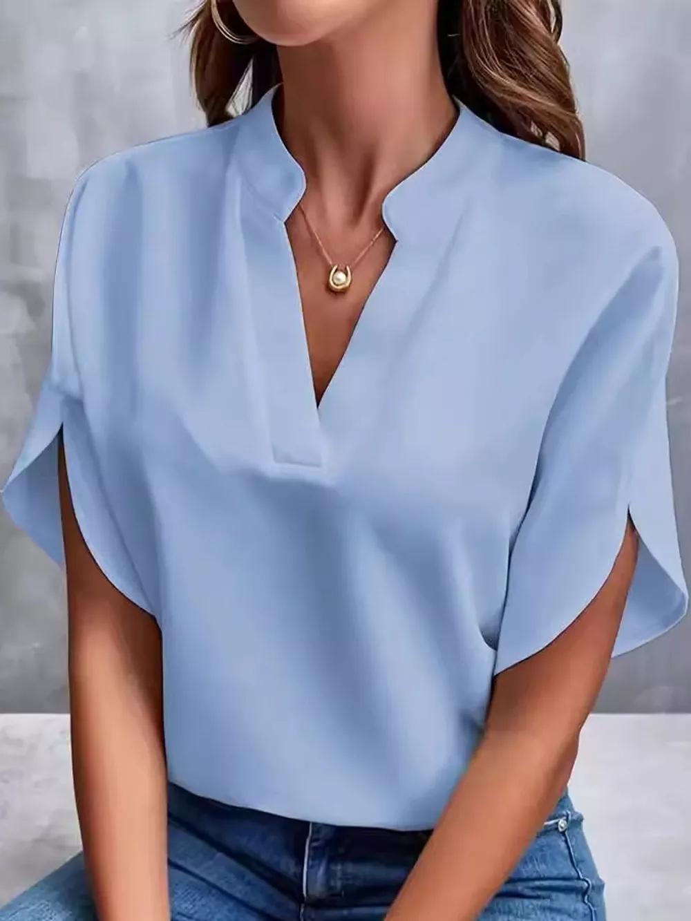Notched Slit Short Sleeve Blouse, image 11