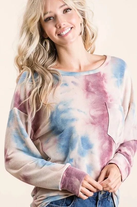 Tie Dye Print Terry Top With Front Patch Pocket, image 5