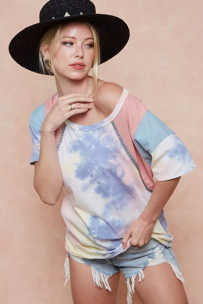 Tie Dye Printed Cotton Color Block T-Shirt, image 8
