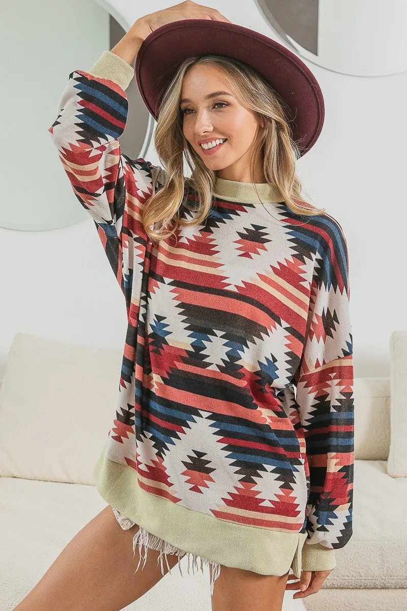 Aztec Print Mirr Mock Neck Lslv Top, image 9