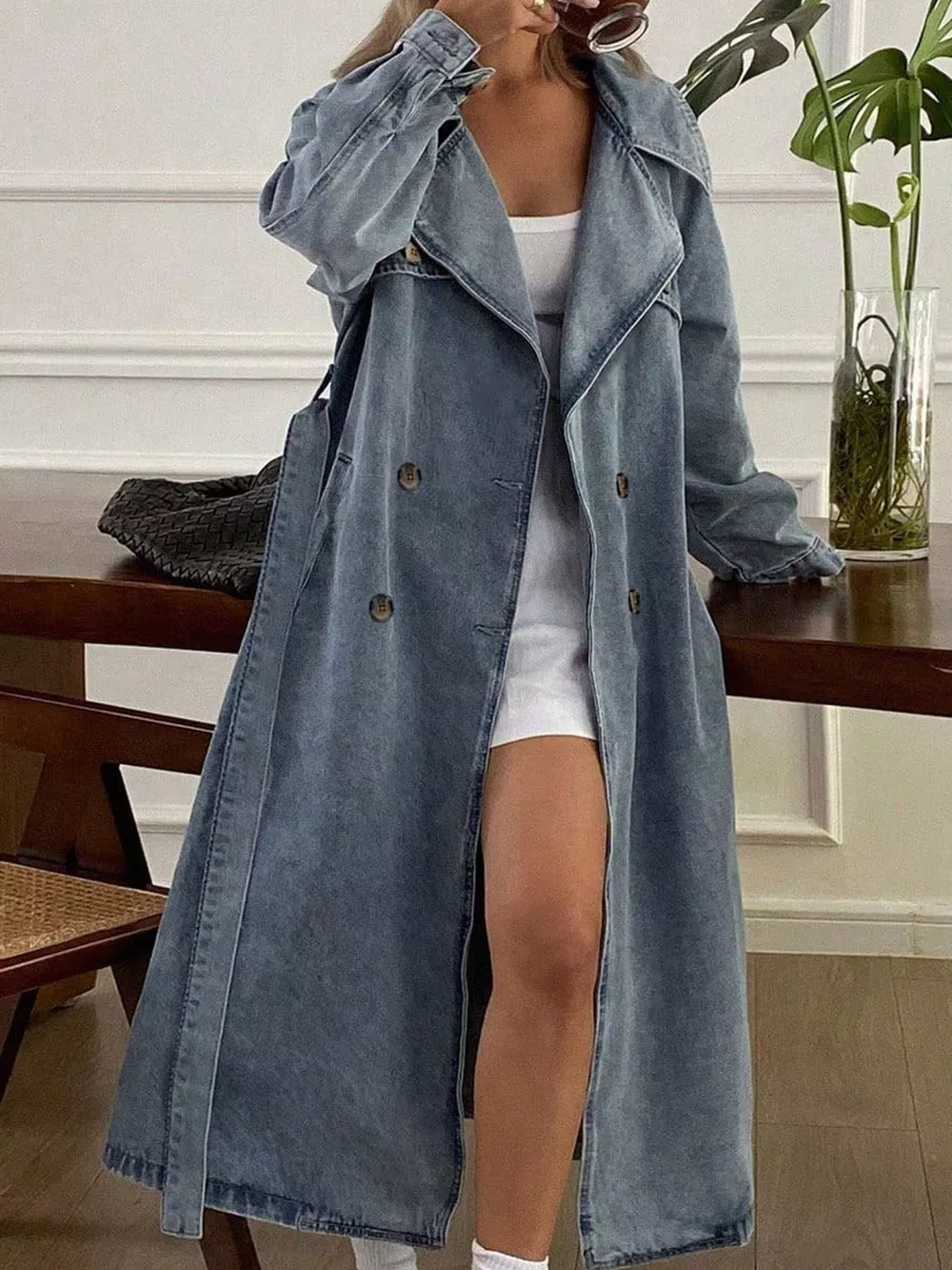 Vintage Washed Longline Denim Trench Jacket, image 4