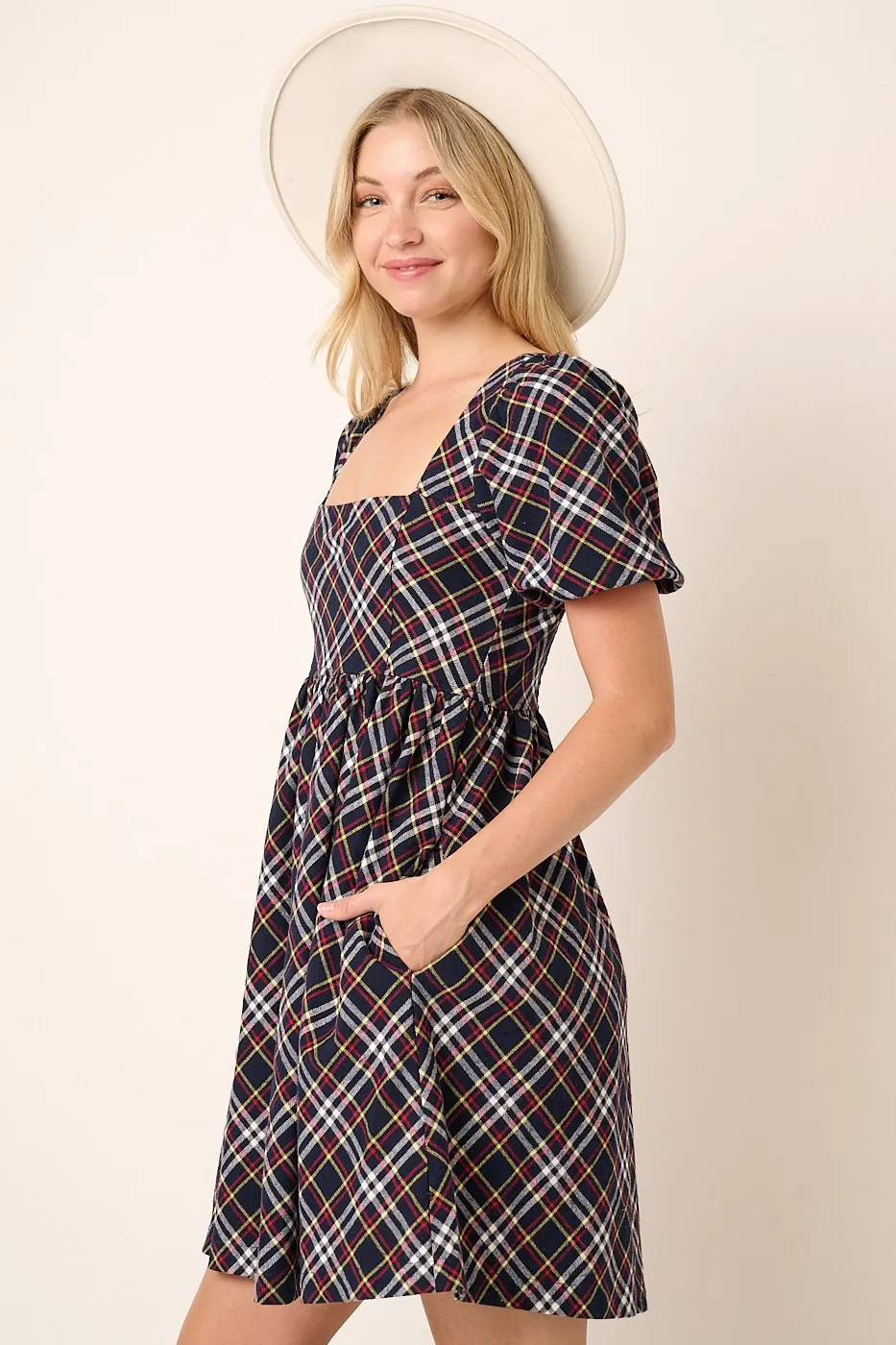 Checkered Print Puff Sleeve Babydoll Mini Dress, image 2