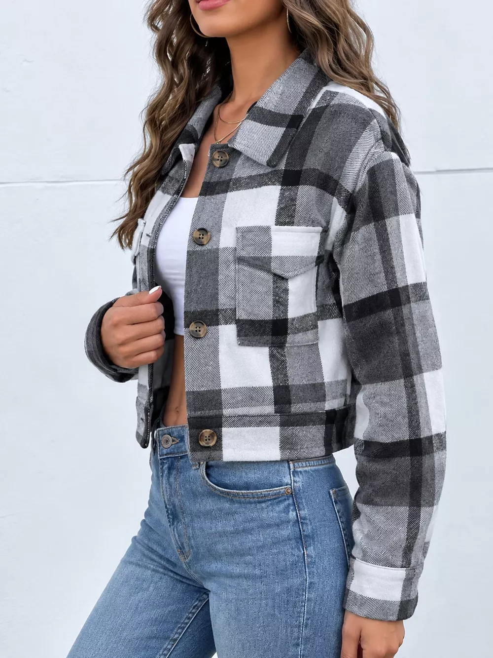 Plaid Button-Front Cropped Jacket, image 44