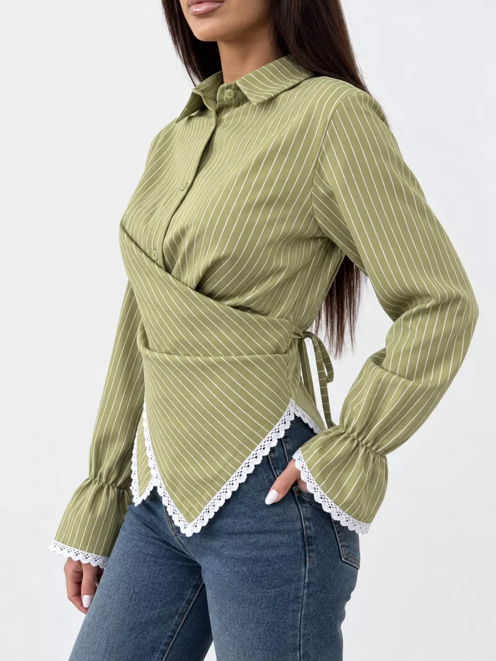 Lace Trim Long Sleeves Striped Shirt, image 27