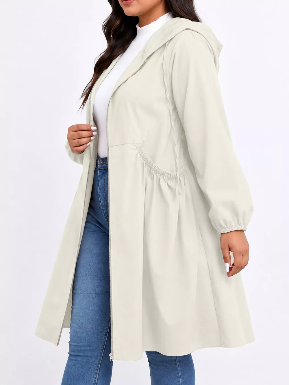Plus Size Hooded Zip-Up Longline Windbreaker Outerwear, image 20