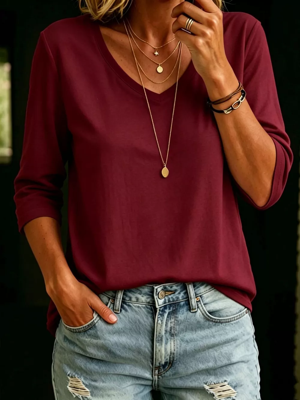 Full Size V-Neck 3/4 Sleeve T-Shirt Plus Size, image 11