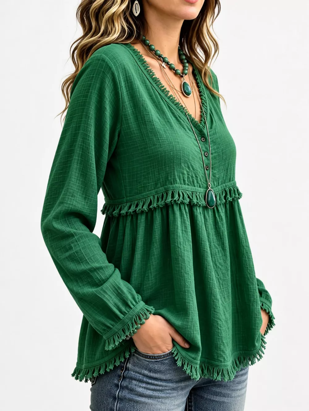 Full Size Fringed Trim V-Neck Long Sleeve Blouse Plus Size, image 70