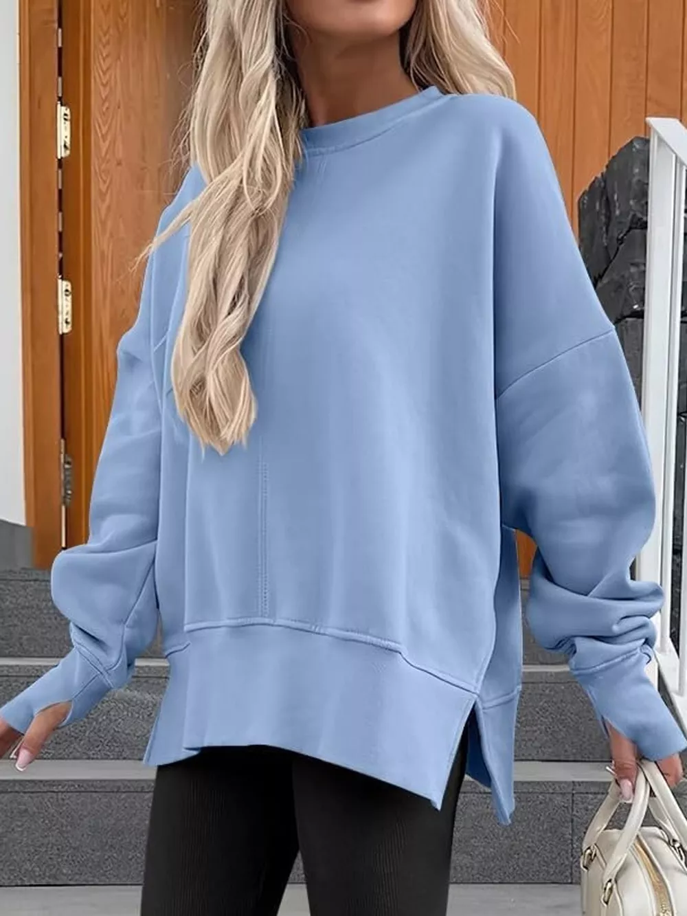 Oversized Crew Neck Sweatshirt with Side Slit, image 3