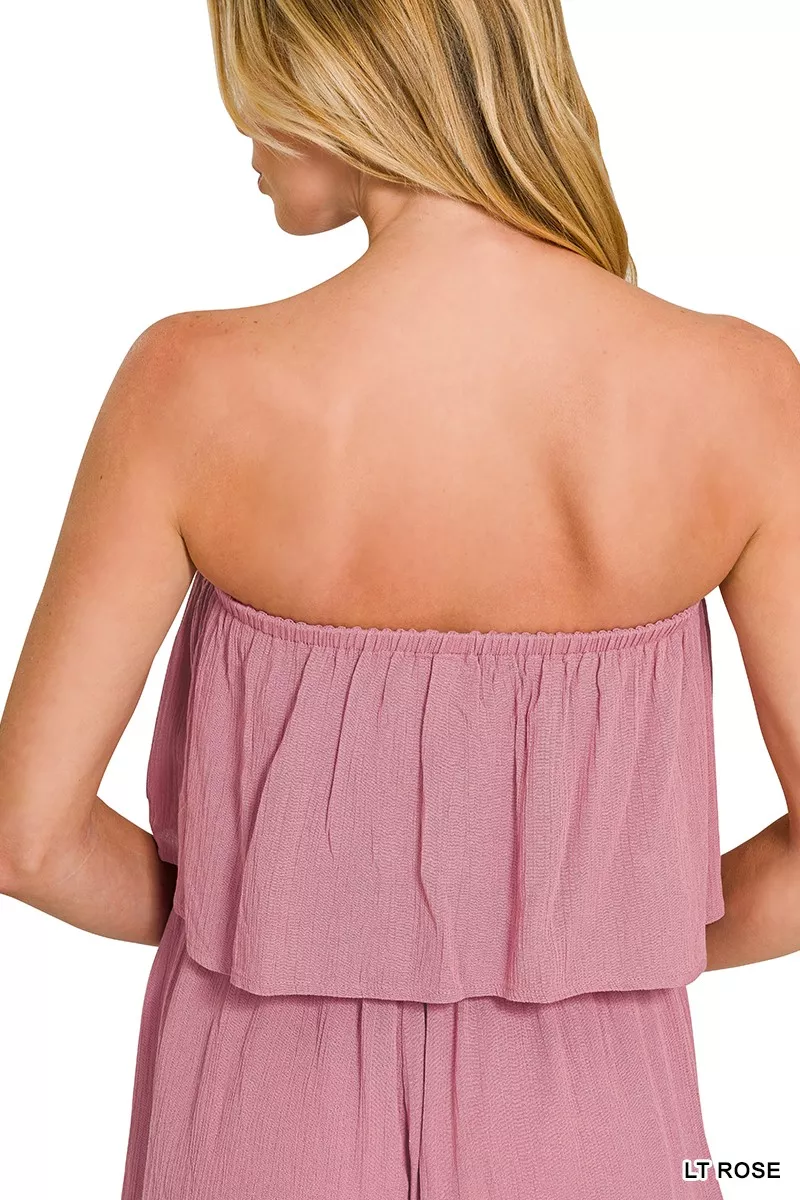 Woven Crinkle Strapless Rompers, image 3