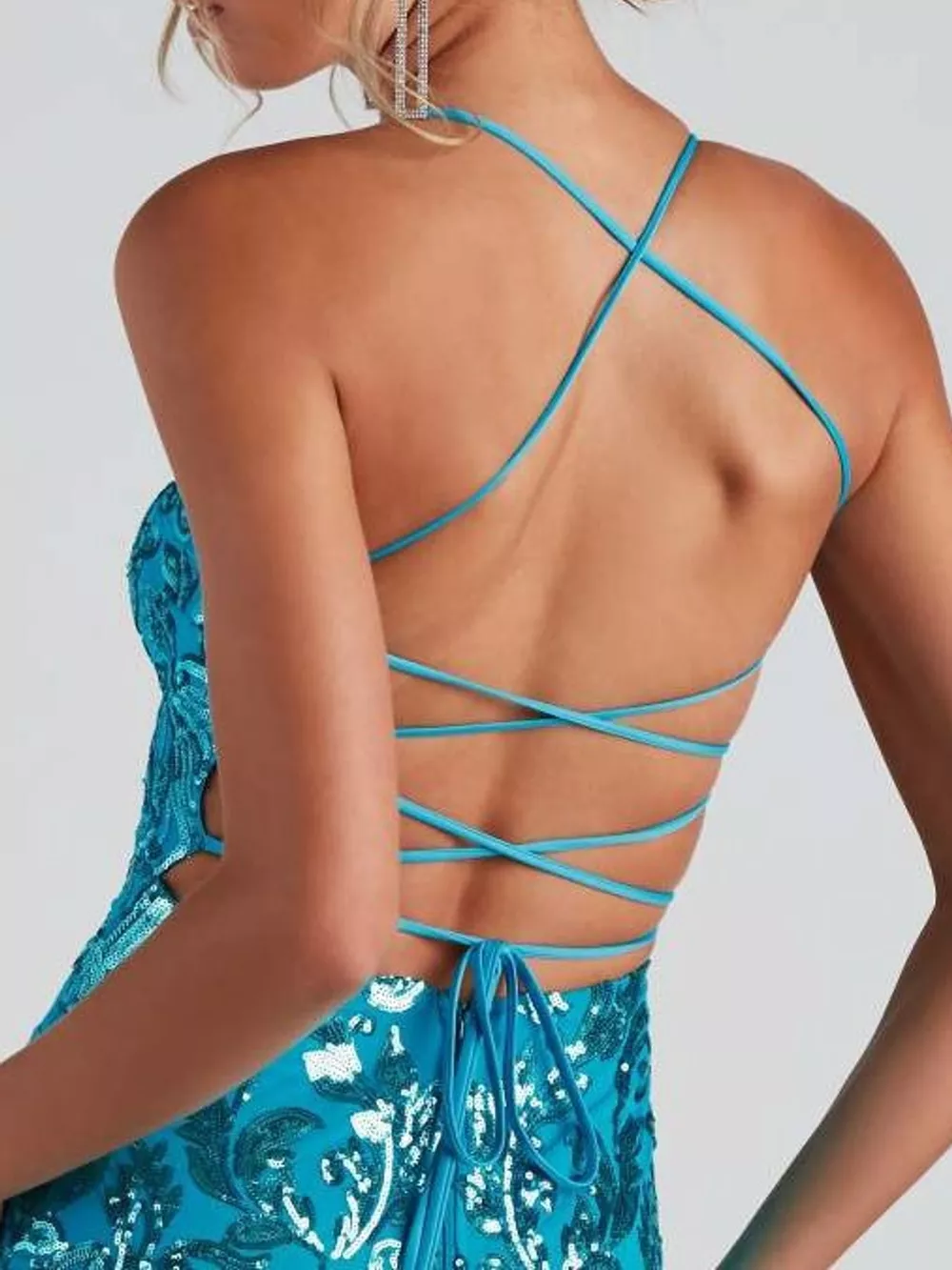 Sequin Embellished Bodycon Backless Evening Dress with Back Lace-Up, image 4