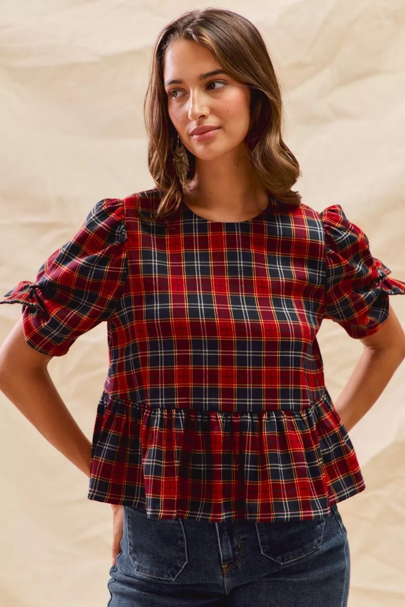 Christmas Holiday Plaid Ribbon Short Sleeves Top, image 8