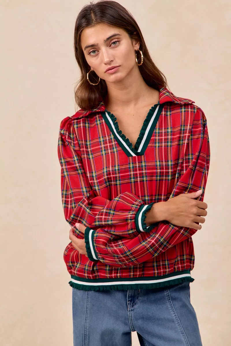 Christmas Plaid Collared Top with Ruffled Detail, image 15