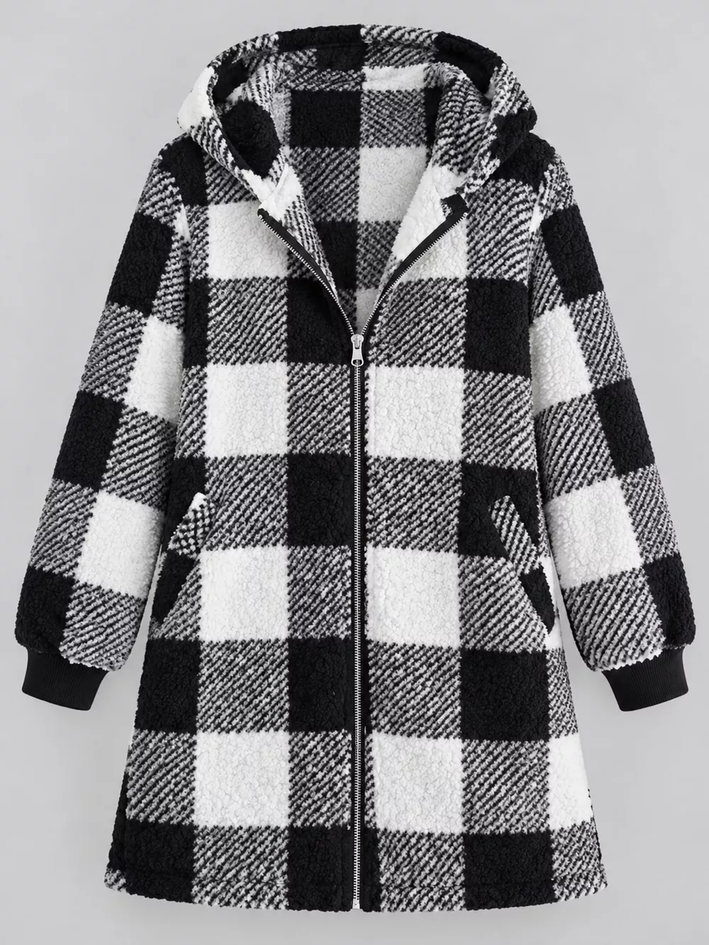 Full Size Plaid Sherpa Hooded Zip-Up Outerwear Plus Size, image 3