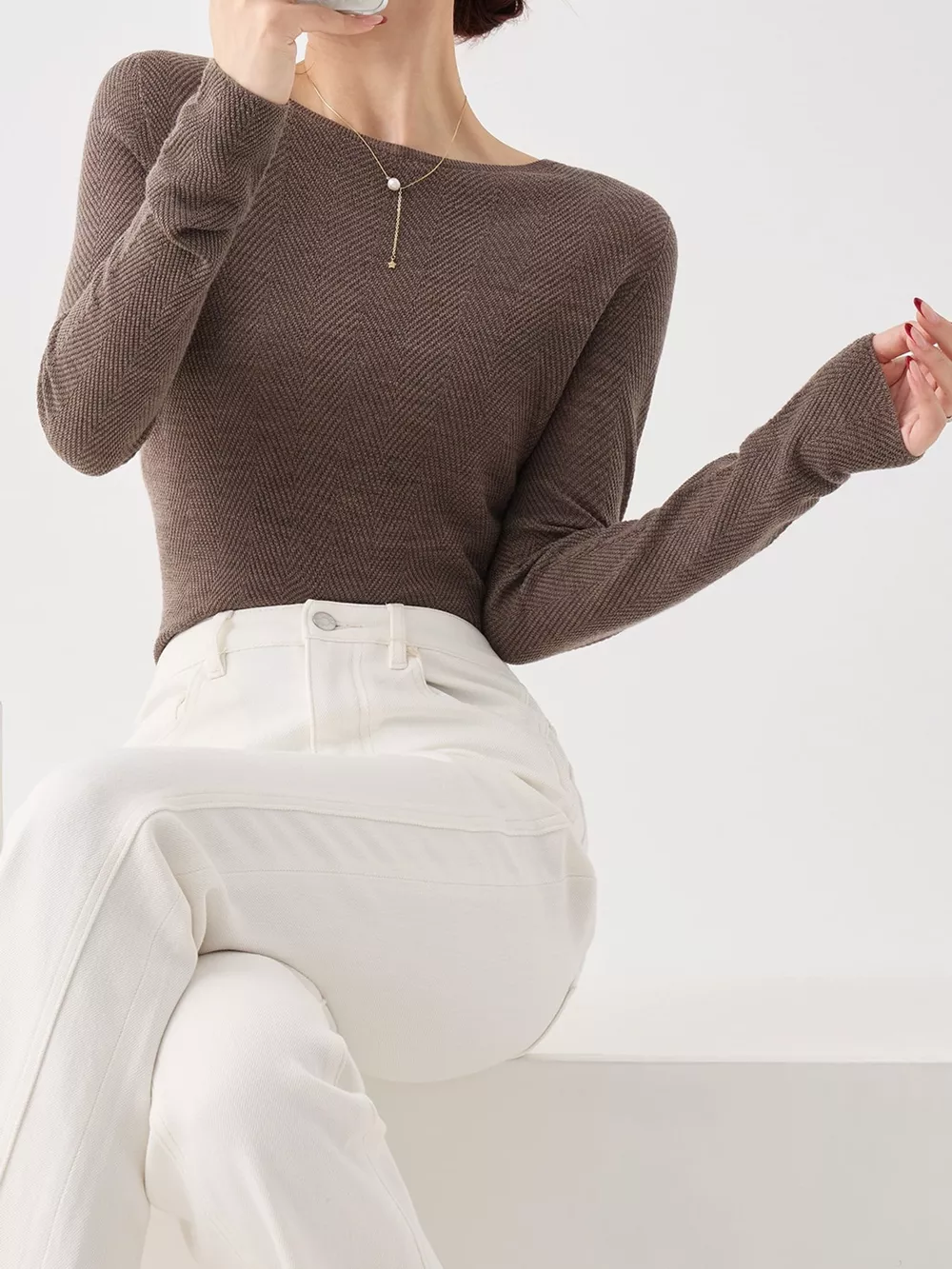 Herringbone Slim Fit Long Sleeve Knit Top, image 7