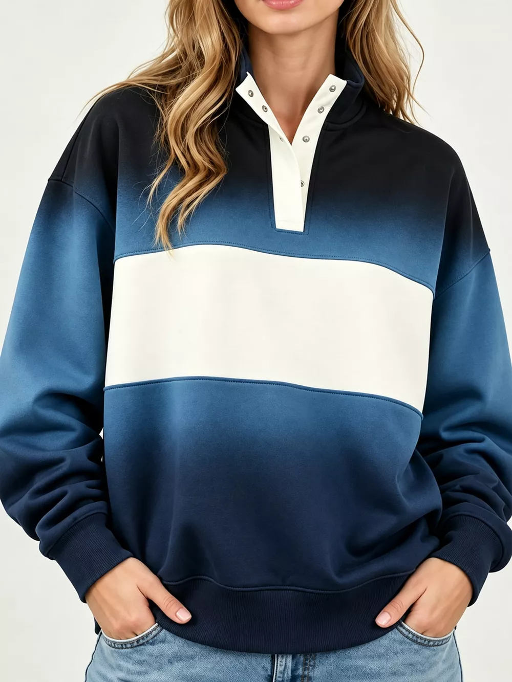 Full Size Color Block Snap-Button Sweatshirt Plus Size, image 26