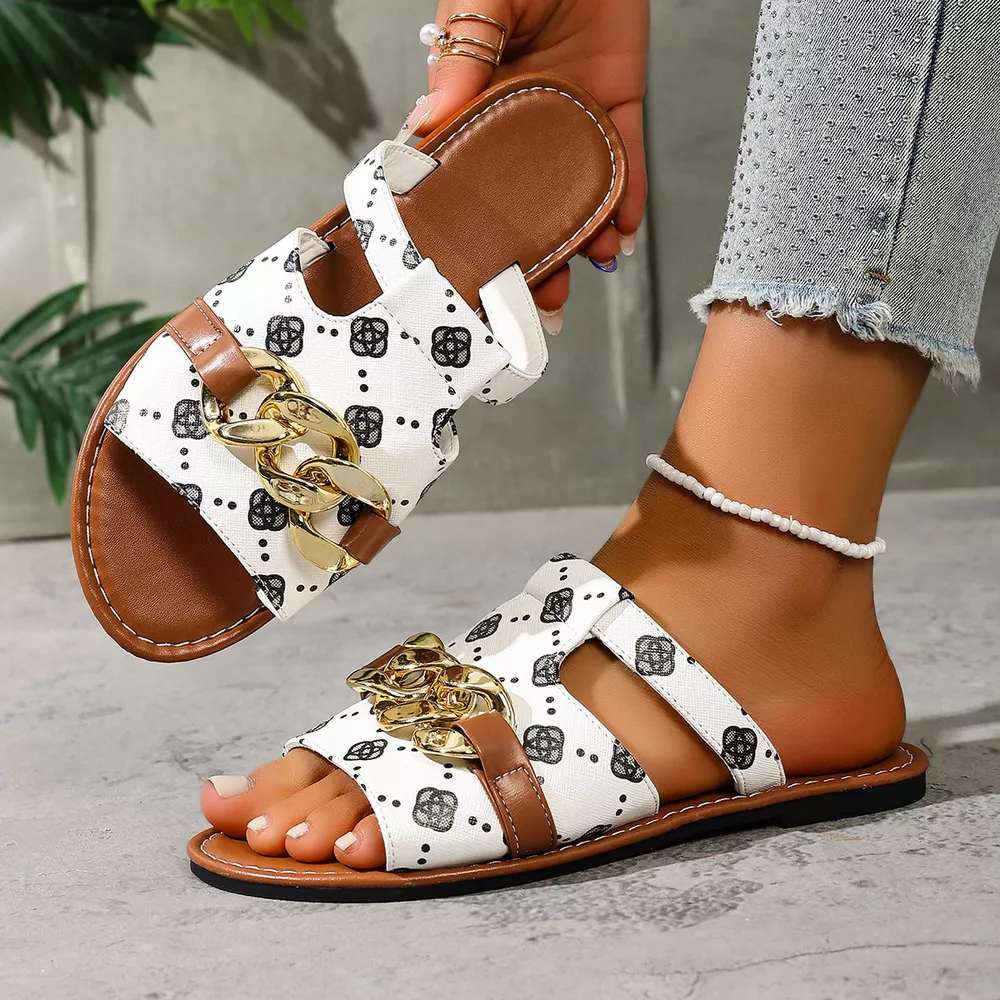 Chain-Decorated Patterned Slide Sandals, image 7