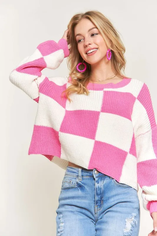Plus Size Comfy Checkered Colorblock Sweater Top, image 2