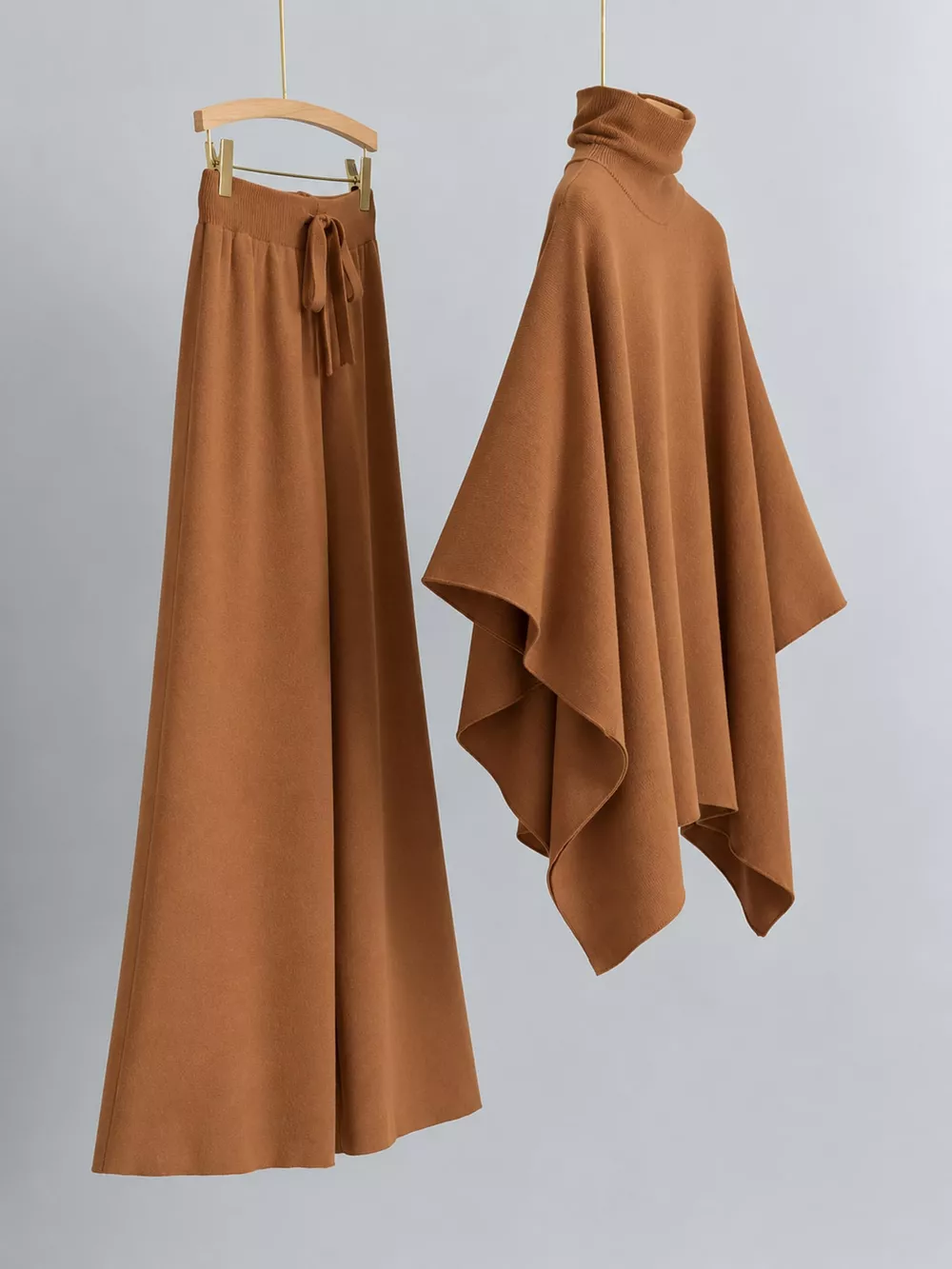 Elegant Turtleneck Poncho Sweater and Wide-Leg Knit Pants Set, image 17