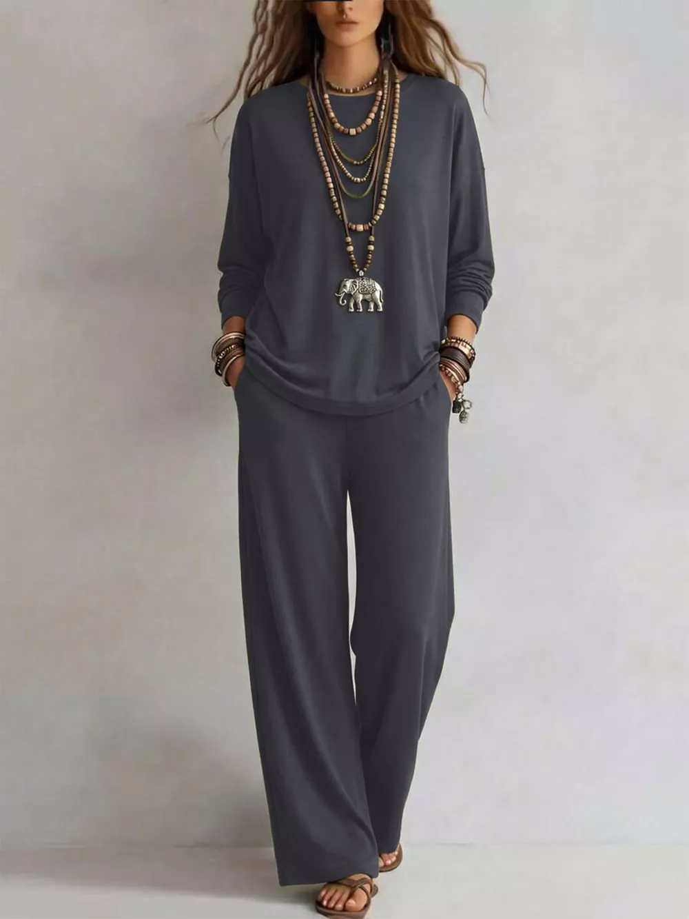 Round Neck T-Shirt and Wide-Leg Pants Set, image 6