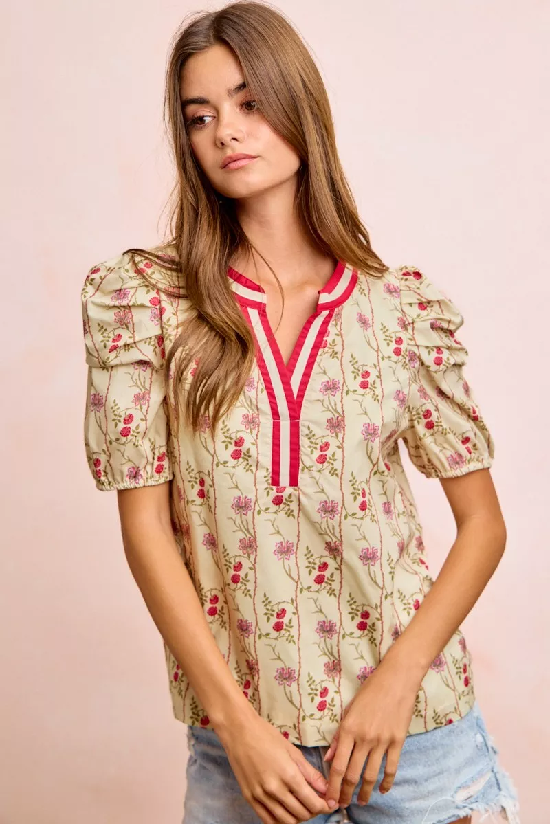 Floral Gather Sleeves Contrast Neckband Blouse Top, image 9