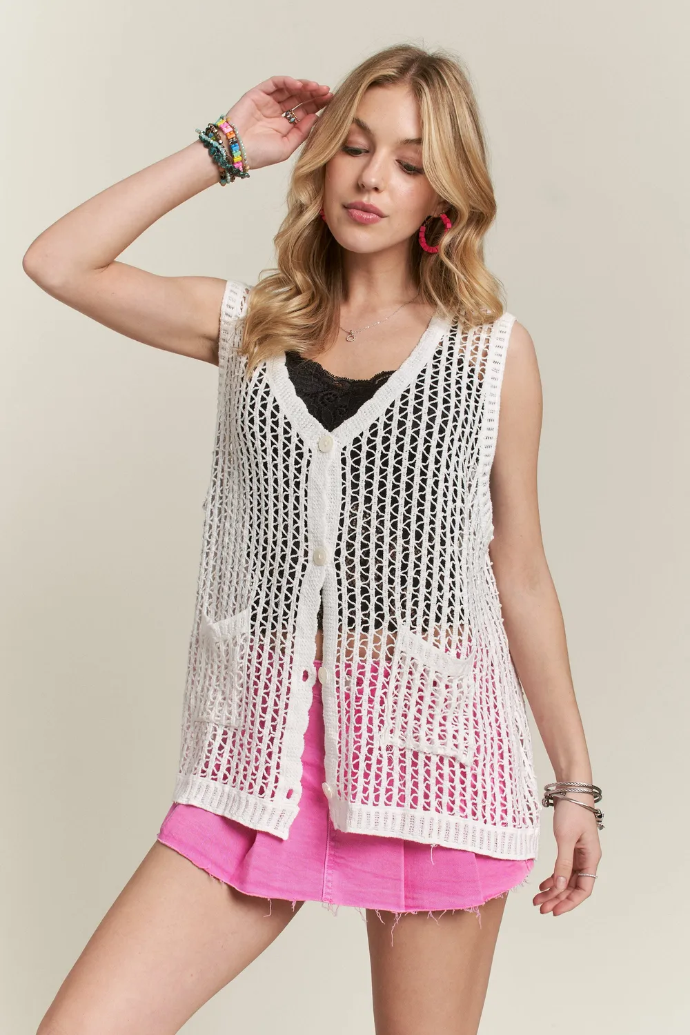 Button Down Crochet Vest Top