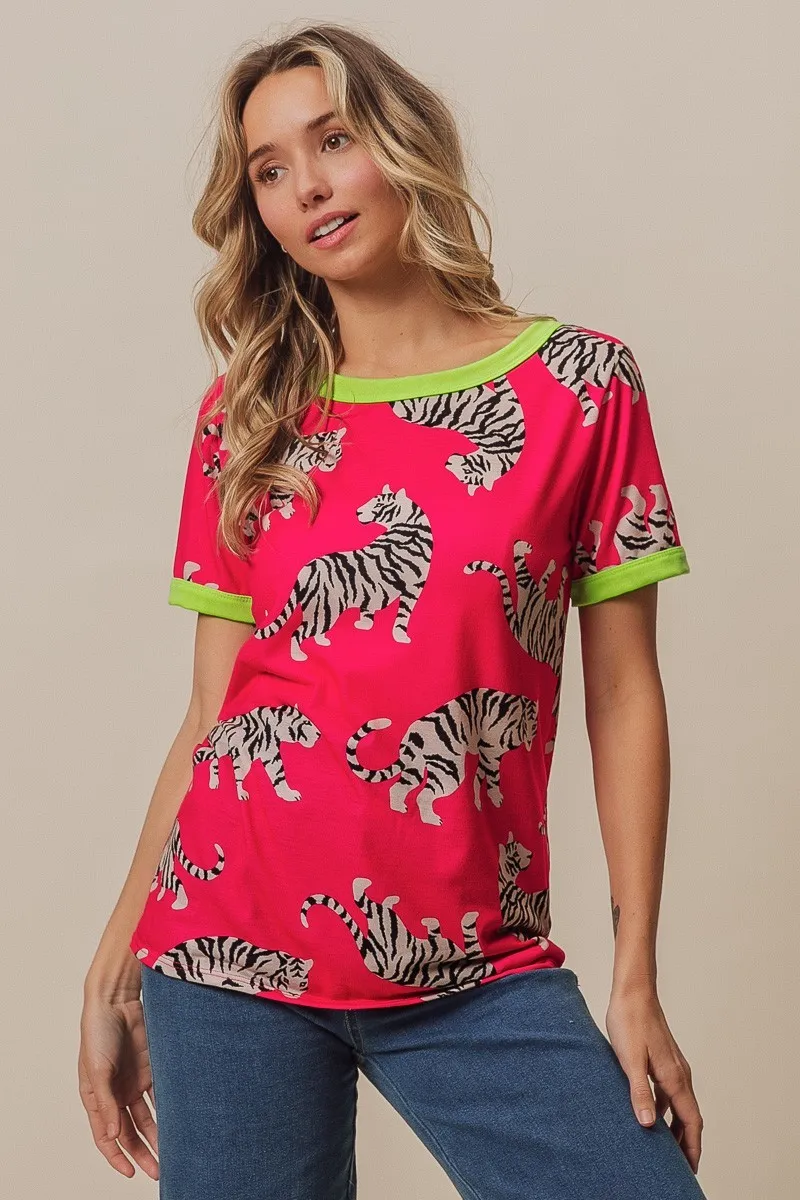 BiBi Big Tiger Print Jersey Contrast Ringer Top, image 4