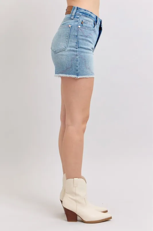 Full Size High Waist Western Embroidery Detail Cut Off Denim Shorts Plus Size, image 15
