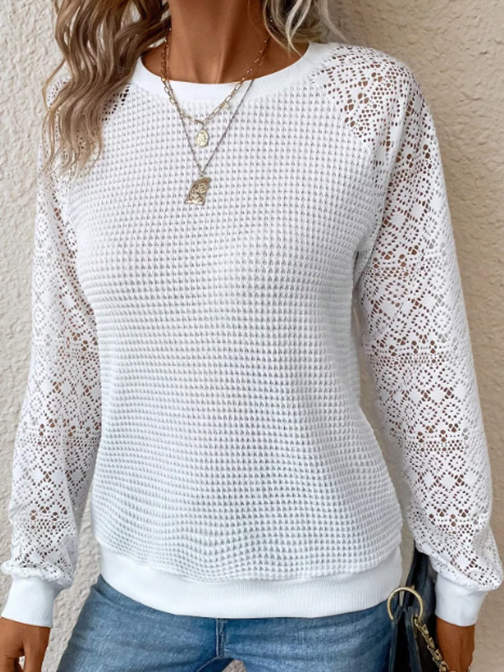 Waffle Knit Lace Sleeve T-Shirt, image 2