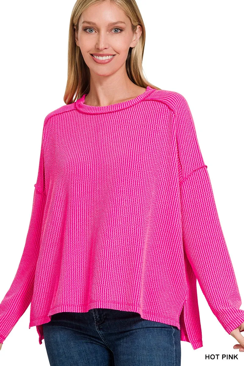 Exposed Seam Long Sleeve Corded Rib Knit Top