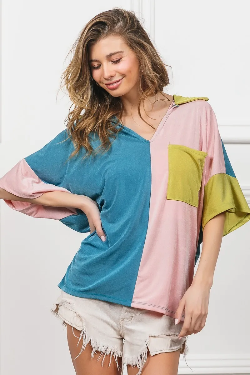 Slinky Knit Color Block V Neck Front Top