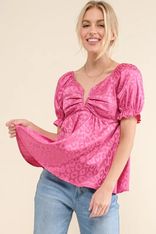 Satin Leopard V Wired Puff Sleeves Blouse, image 4
