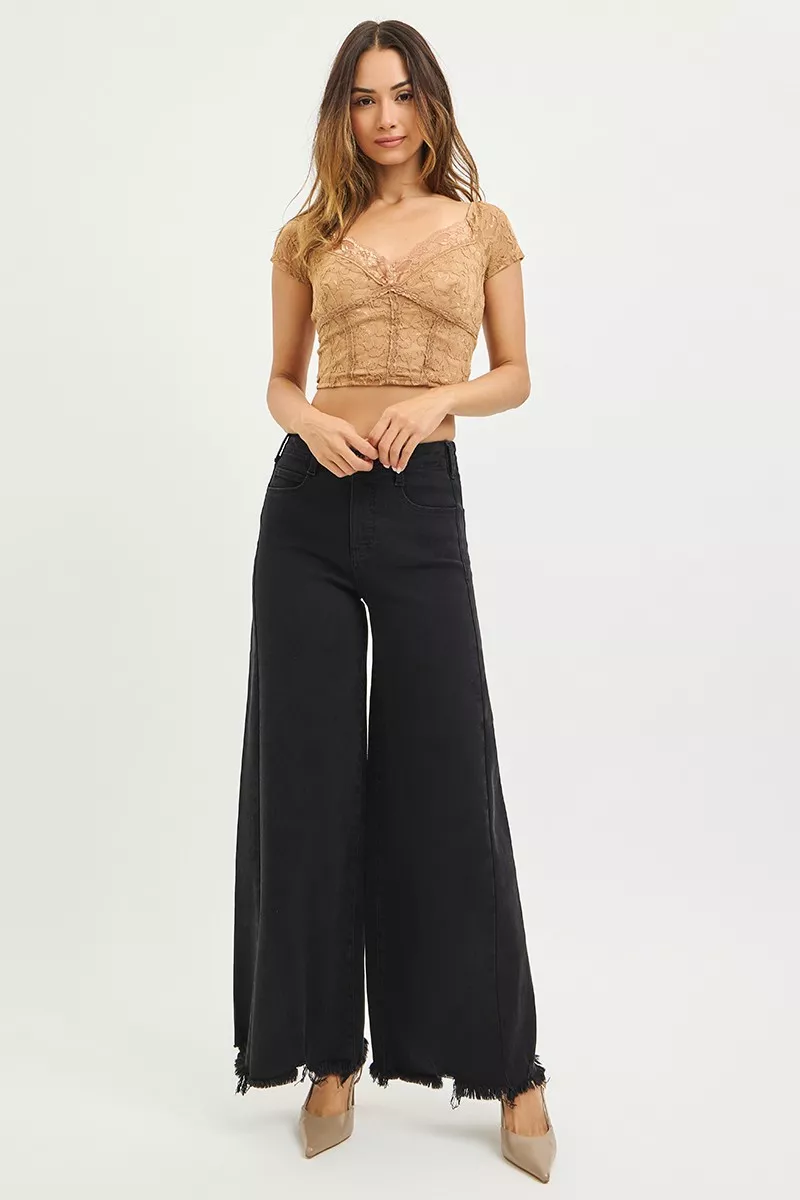 Tummy Control High Rise Palazzo Leg Frayed Hem Jeans, image 3