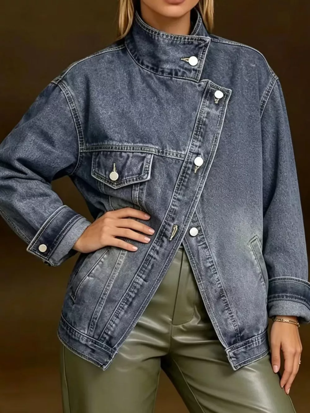 Full Size Asymmetric Button-Up Stand Collar Denim Jacket Plus Size, image 7