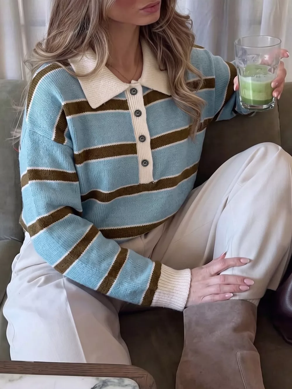 Striped Polo Collar Sweater, image 3