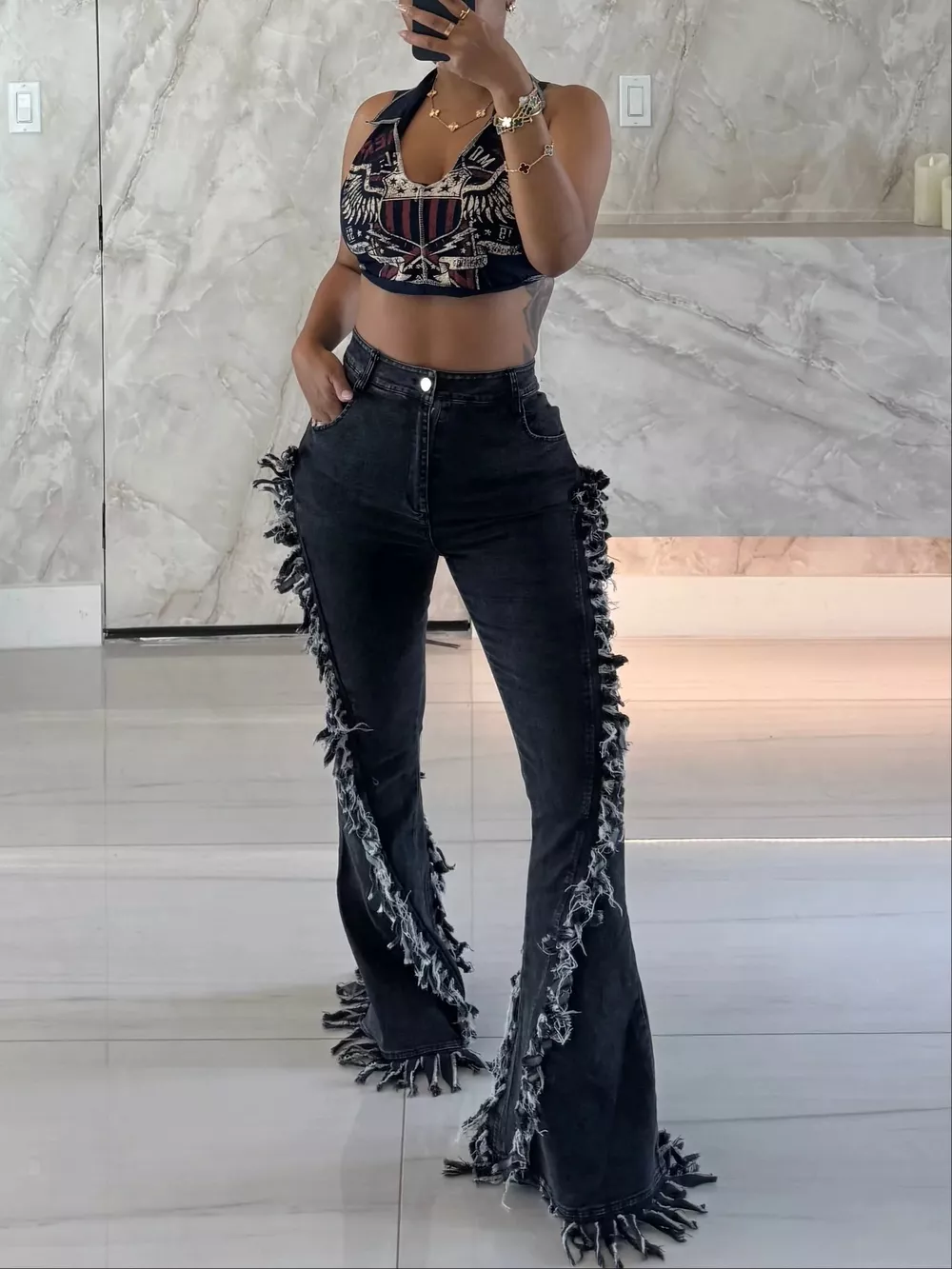 Frayed Trim High Waist Flare Jeans