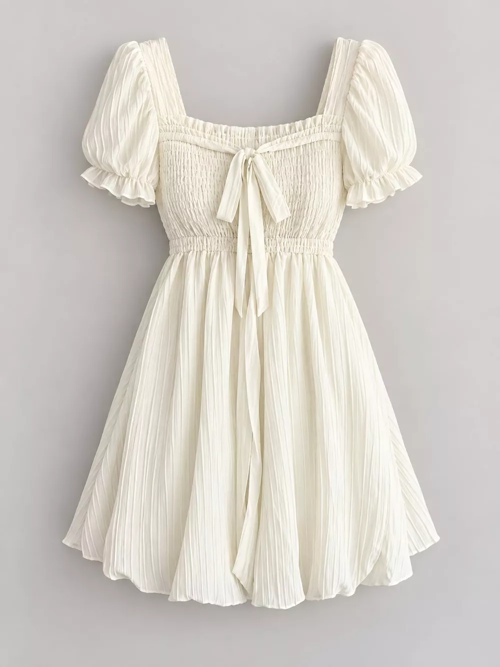 Puff-Sleeve Smocked Mini Dress with Tie-Front Detail, image 4