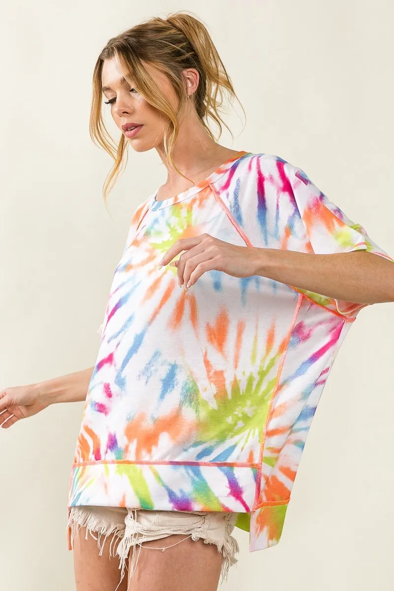 Tie Dye Print Jersey Stitched Uneven Hem Top, image 4