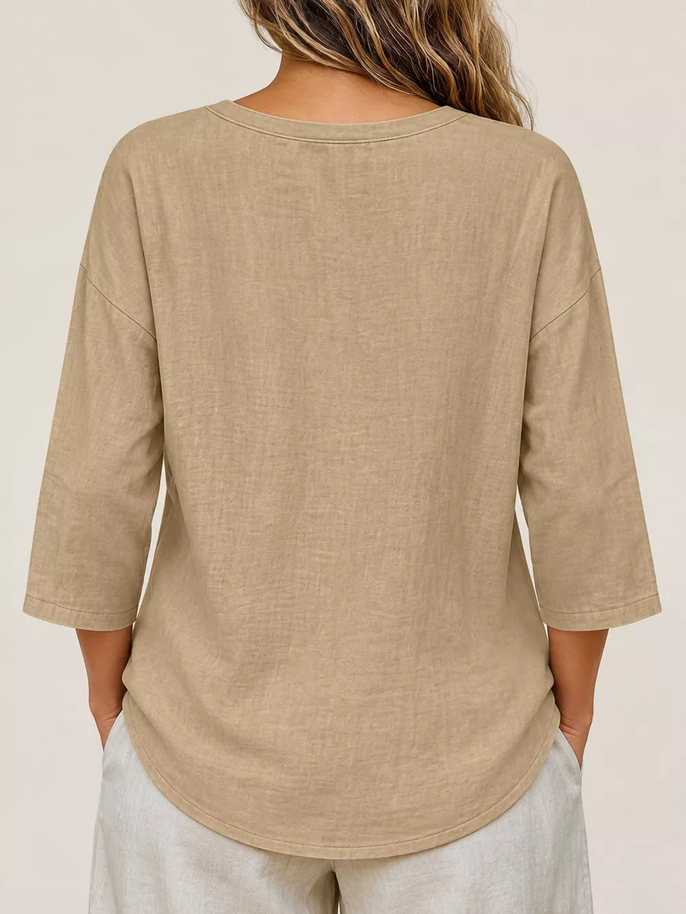 Full Size Button Detail Notched 3/4 Sleeve Blouse Plus Size, image 26