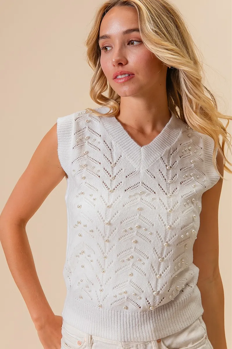 Chevron Pointelle Pearl Knit Top, image 3
