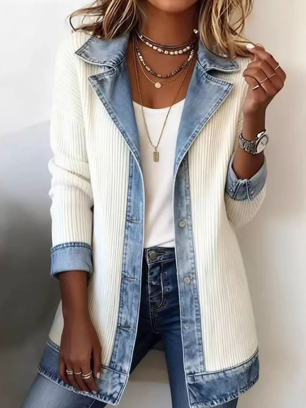 Full Size Denim Trim Ribbed Knit Cardigan Plus Size, image 13