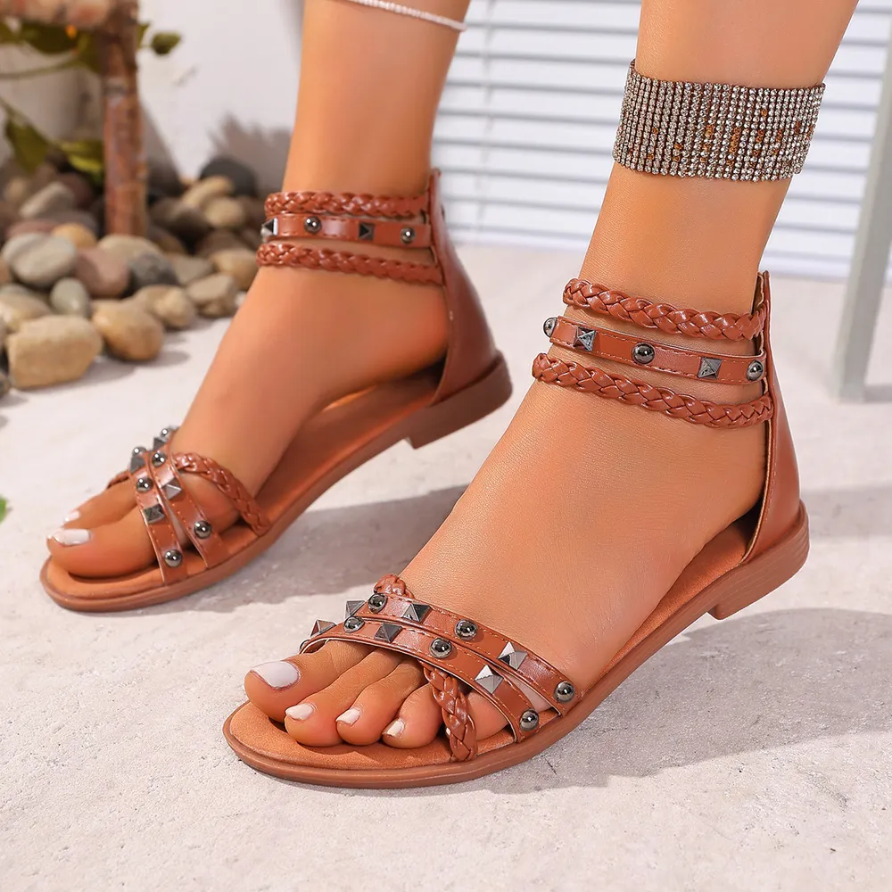 Braided Ankle Strap Studded Sandals, image 8