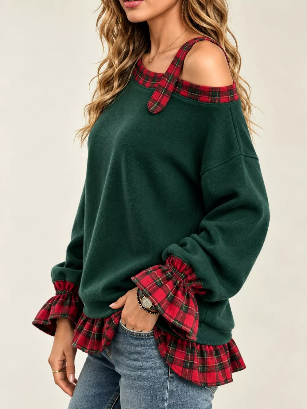 Full Size Plaid Ruffled Hem Asymmetrical Neck Sweatshirt Plus Size, image 17