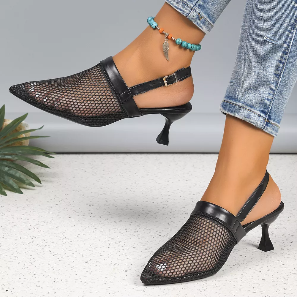 Mesh Pointed Toe Kitten Heel Sandals, image 2