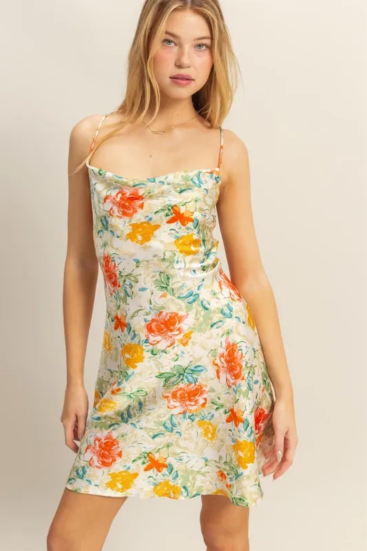 Floral Cowl Neck Flirty Satin Mini Dress